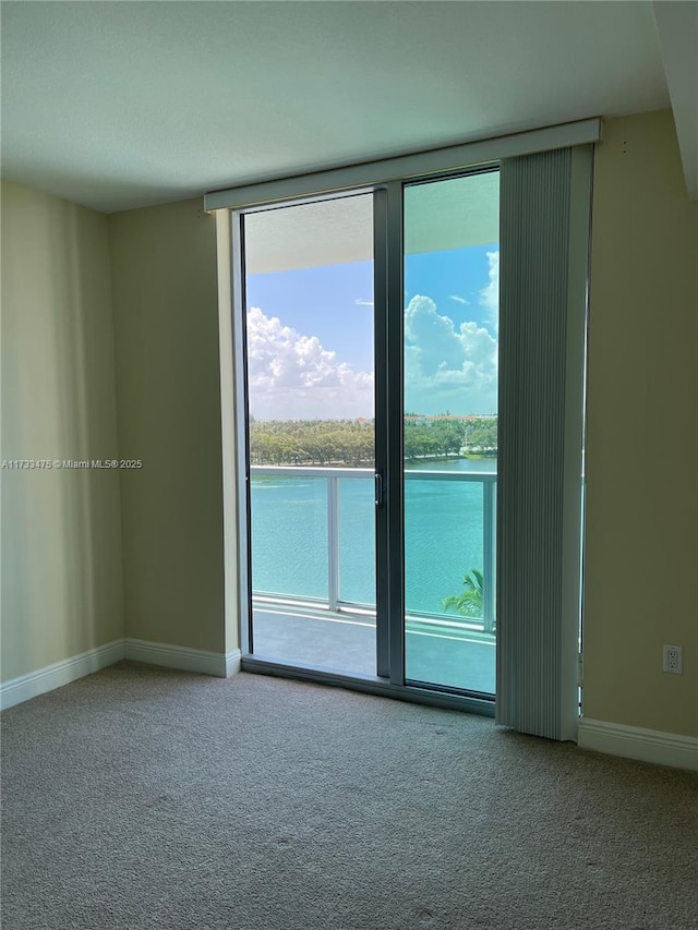 empty room featuring a water view and carpet flooring