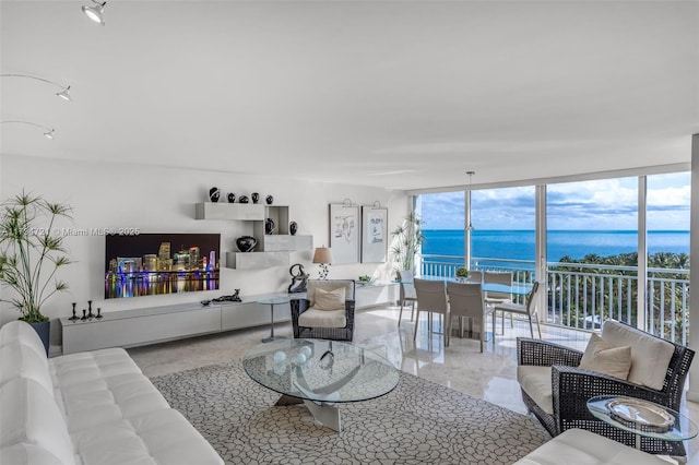 living room with plenty of natural light, a wall of windows, and a water view