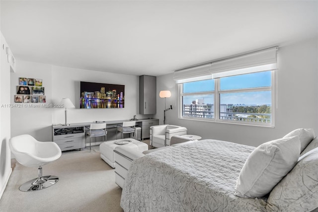 bedroom with light carpet