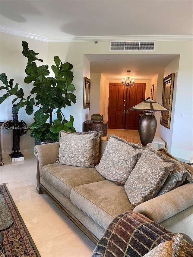 living room with ornamental molding