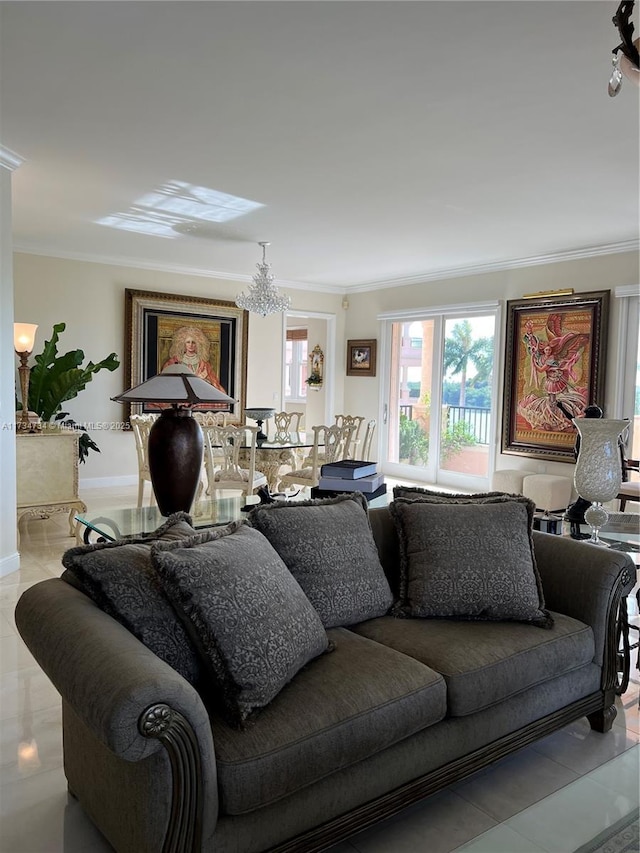 living room featuring an inviting chandelier and ornamental molding