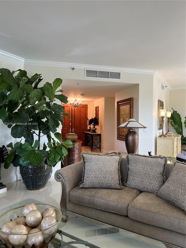 living room featuring ornamental molding