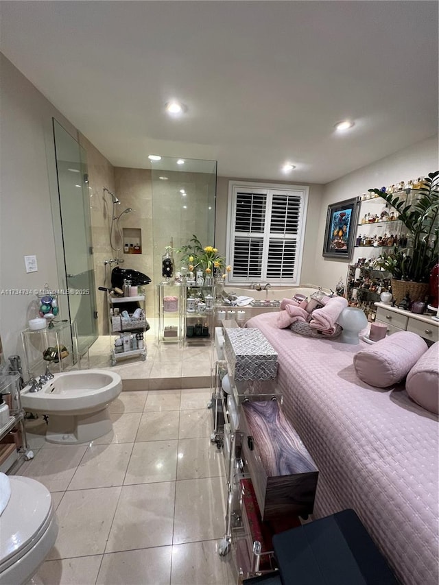 bedroom with light tile patterned floors