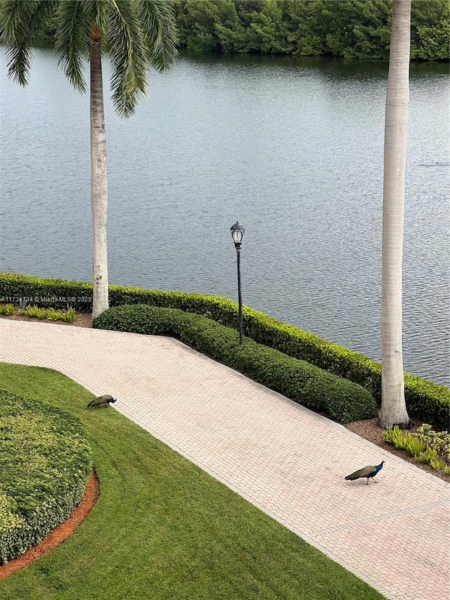 exterior space featuring a water view and a lawn