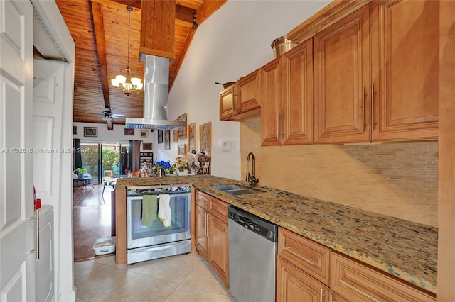 kitchen featuring sink, hanging light fixtures, wooden ceiling, appliances with stainless steel finishes, and island exhaust hood