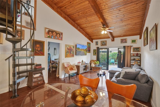 living room with hardwood / wood-style floors, high vaulted ceiling, ceiling fan, wooden ceiling, and beam ceiling