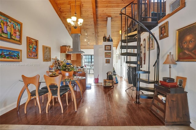 dining area with hardwood / wood-style floors, high vaulted ceiling, beamed ceiling, wood ceiling, and an inviting chandelier