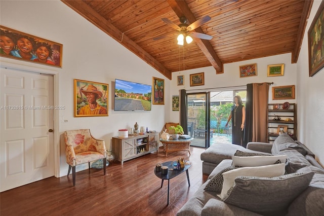 living room featuring high vaulted ceiling, beamed ceiling, ceiling fan, dark wood-type flooring, and wooden ceiling