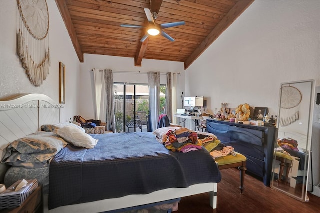 bedroom featuring wood ceiling, ceiling fan, wood-type flooring, and lofted ceiling with beams