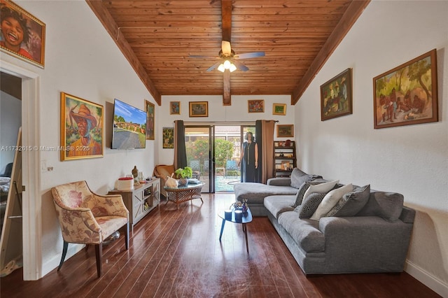 living room featuring lofted ceiling with beams, dark hardwood / wood-style flooring, ceiling fan, and wood ceiling