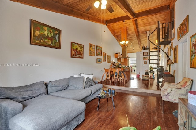 living room with ceiling fan with notable chandelier, high vaulted ceiling, hardwood / wood-style flooring, wood ceiling, and beam ceiling