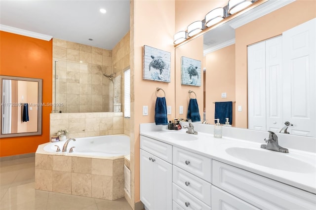 bathroom with vanity, crown molding, tile patterned floors, and shower with separate bathtub