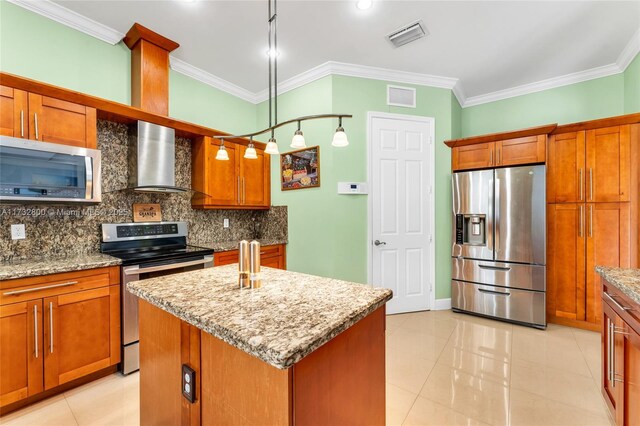 bathroom with crown molding, tile patterned floors, vanity, and independent shower and bath