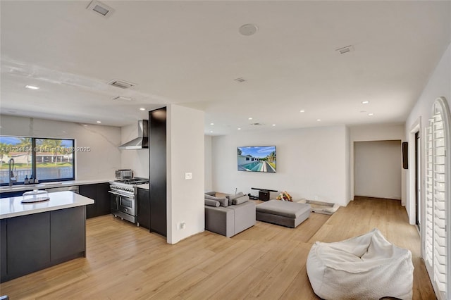 living room with sink and light hardwood / wood-style floors