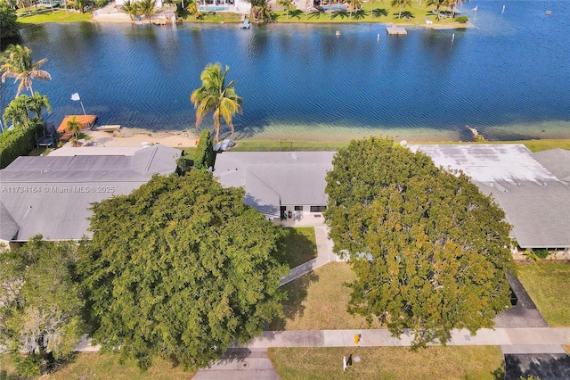 drone / aerial view with a water view