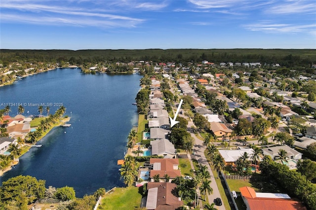 aerial view featuring a water view