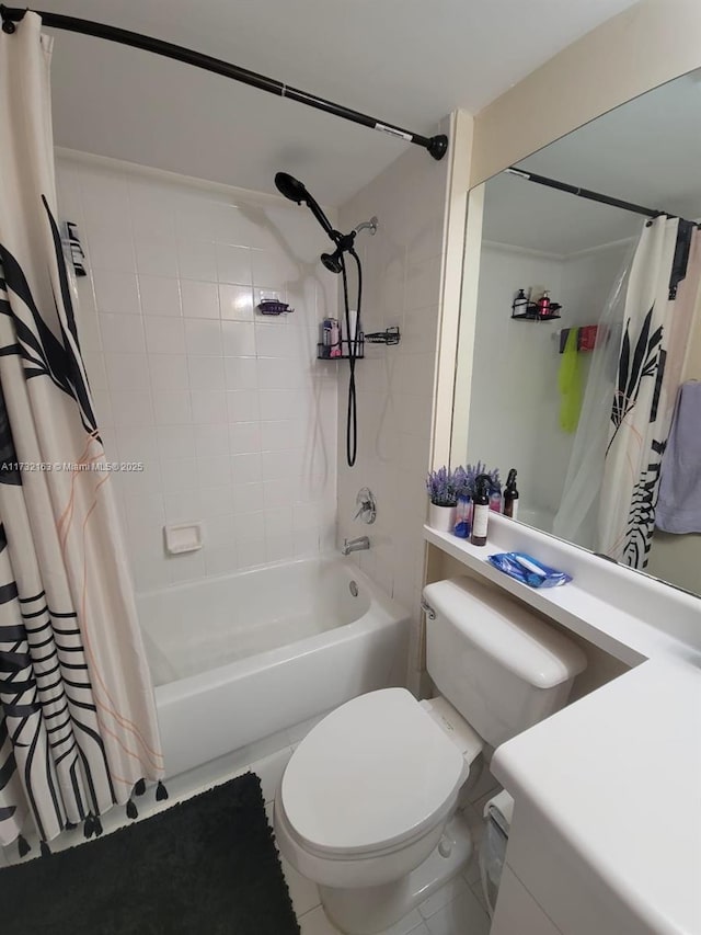 bathroom featuring shower / tub combo with curtain, tile patterned floors, and toilet