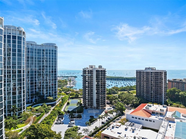 bird's eye view with a water view