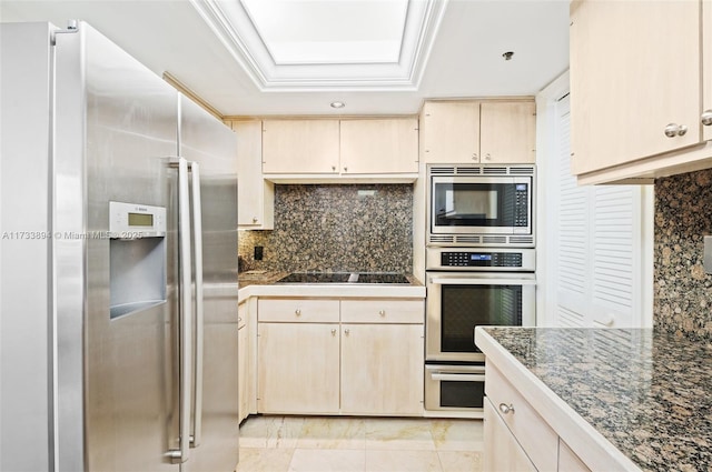 kitchen with a raised ceiling, crown molding, appliances with stainless steel finishes, and decorative backsplash