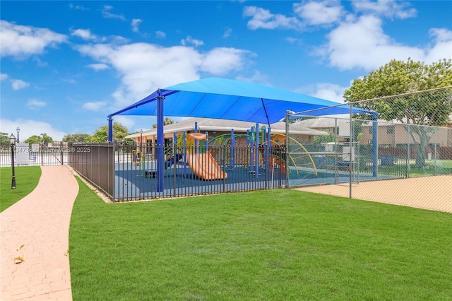 view of jungle gym with a yard