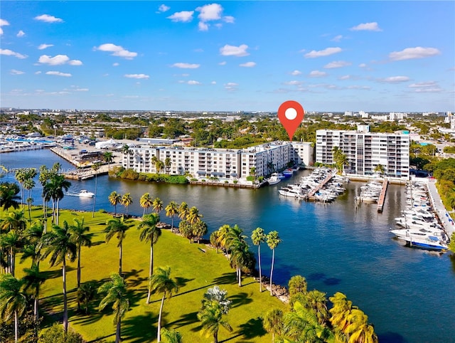 aerial view featuring a water view