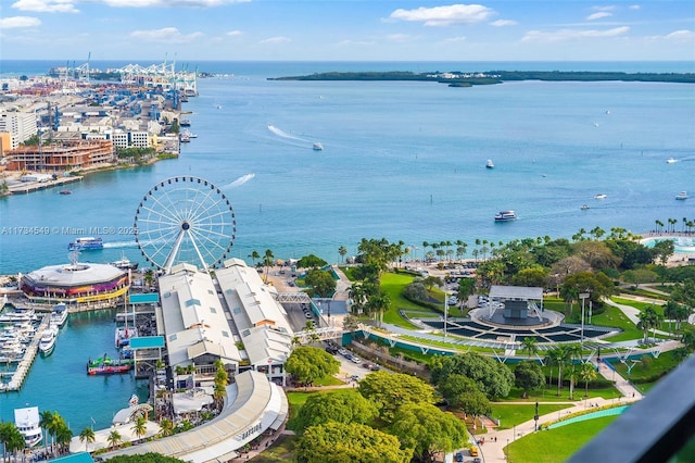 drone / aerial view featuring a water view