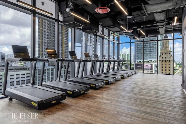 workout area with floor to ceiling windows, plenty of natural light, wood finished floors, and a city view