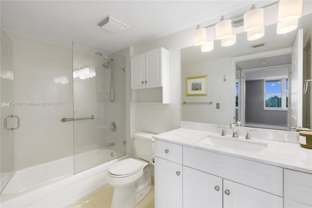 full bath with visible vents, toilet, vanity, and enclosed tub / shower combo