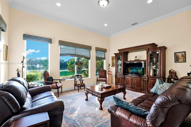 living room featuring ornamental molding and hardwood / wood-style floors