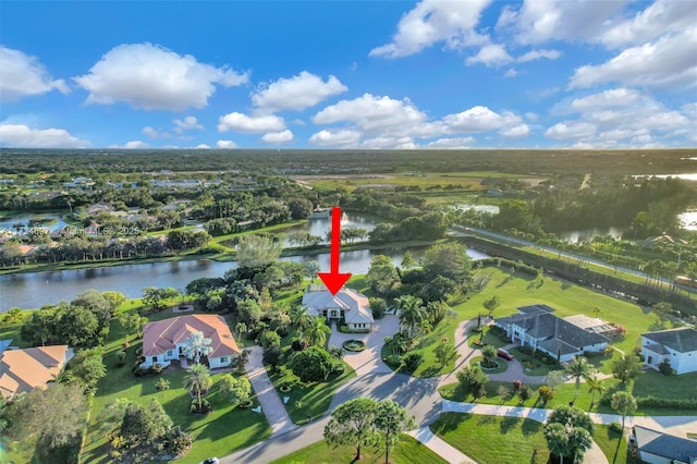 aerial view featuring a water view