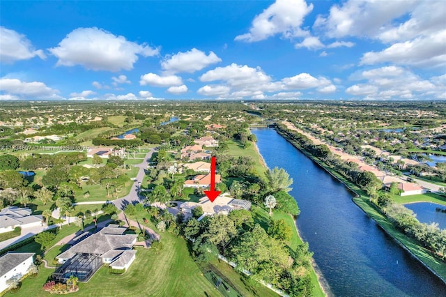 drone / aerial view featuring a water view