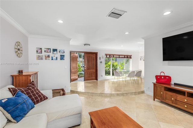 tiled living room with crown molding