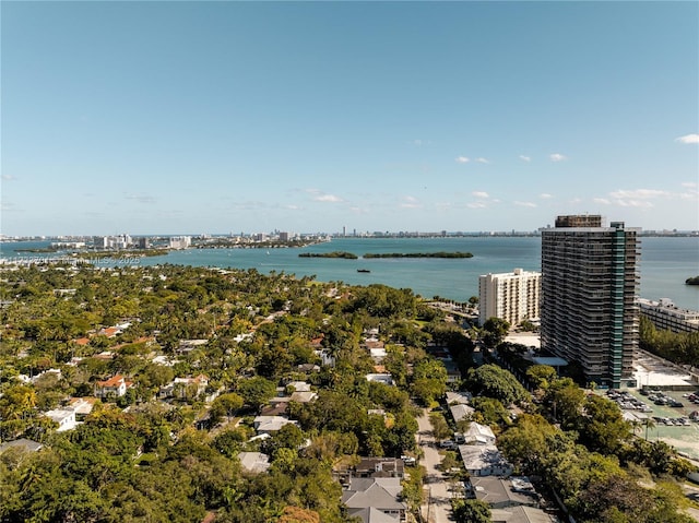 bird's eye view with a water view