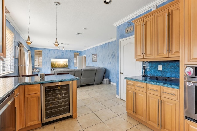 kitchen with crown molding, dark stone countertops, stainless steel appliances, wine cooler, and decorative light fixtures