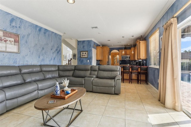 tiled living room with crown molding