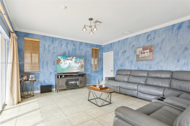 living room with light tile patterned floors and ornamental molding