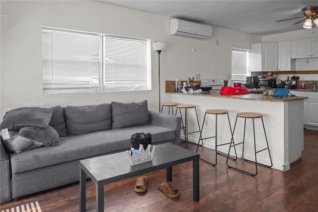 living room with dark wood-type flooring, ceiling fan, a wall mounted AC, and sink