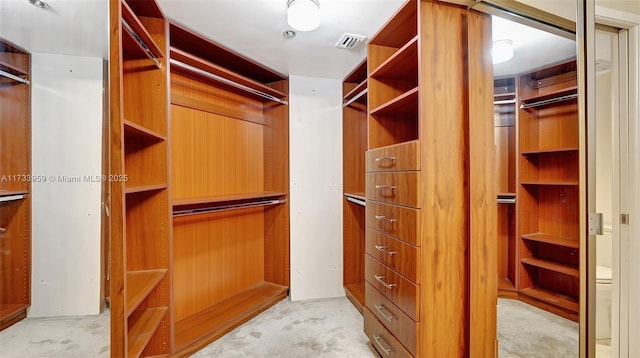 walk in closet featuring light carpet