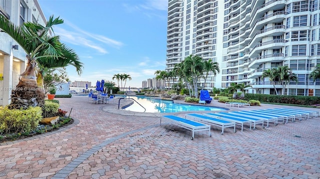 view of swimming pool featuring a patio area