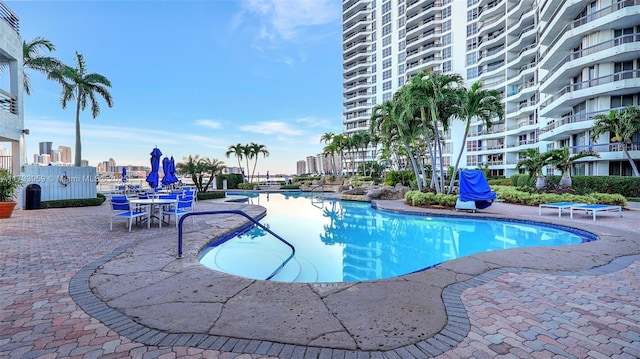 view of swimming pool featuring a patio area