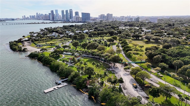 aerial view featuring a water view and a city view