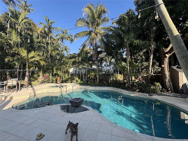 view of swimming pool featuring a fenced backyard, an in ground hot tub, a patio area, and a fenced in pool