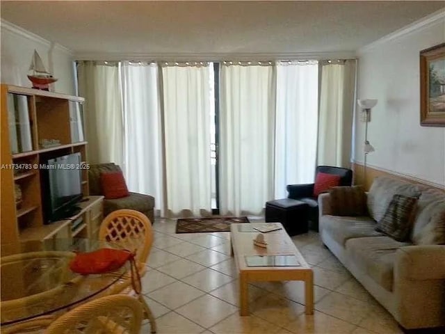 tiled living room with ornamental molding