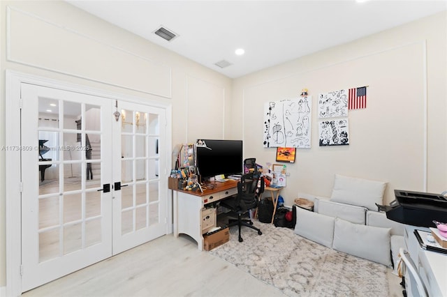 office area featuring recessed lighting, french doors, visible vents, and wood finished floors