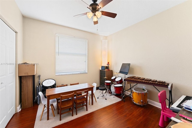 interior space featuring ceiling fan and wood finished floors