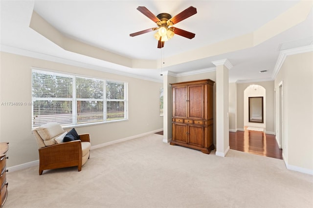 living area with ornamental molding, a tray ceiling, light carpet, and baseboards