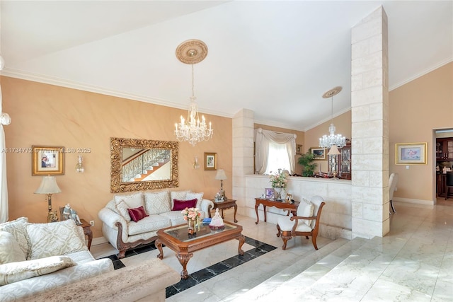 living room with lofted ceiling, a notable chandelier, ornamental molding, and decorative columns