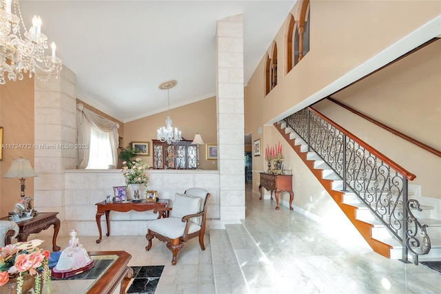 interior space with crown molding, vaulted ceiling, a chandelier, and decorative columns