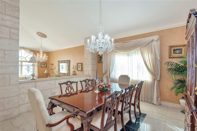 dining room featuring ornamental molding and a chandelier