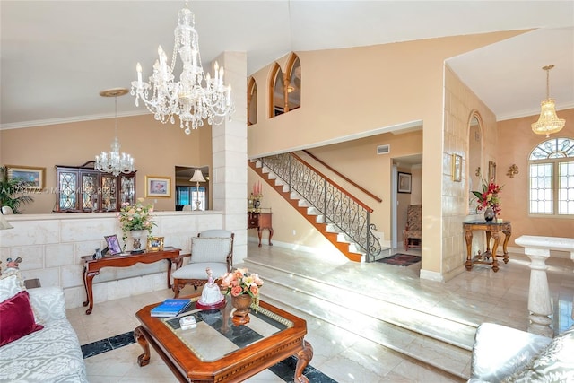 living room with crown molding, high vaulted ceiling, and a notable chandelier